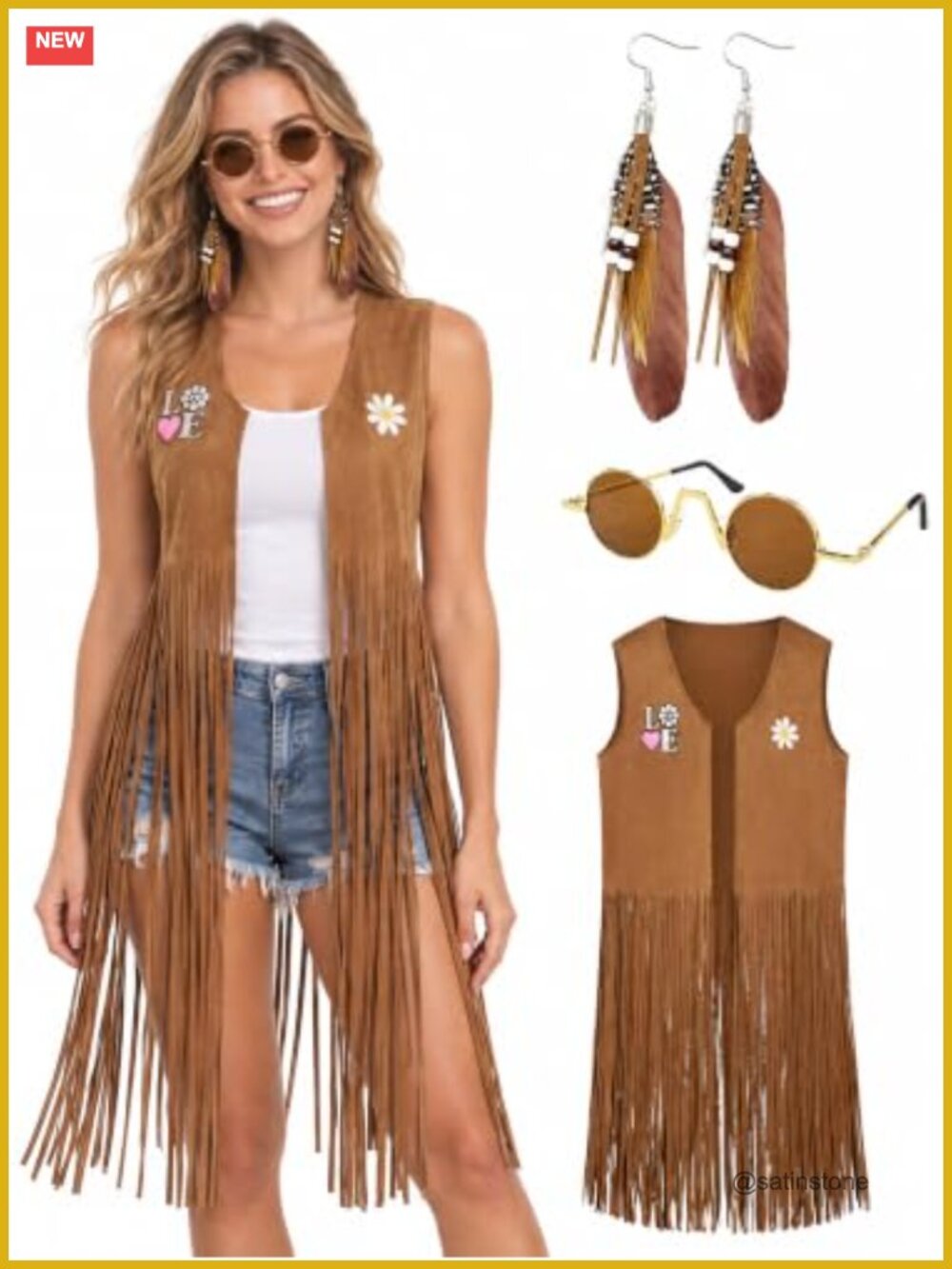 70s Hippie Costume Set Fringe Vest Sunglasses Earrings Retro Disco
